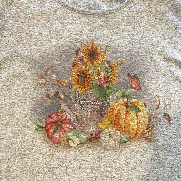 One World Fall Sweater Women XL Gray Knit Pumpkin Flower Long Sleeve Pullover - Picture 2 of 4